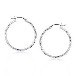14k White Gold Diamond Cut Hoop Earrings(2x30mm)