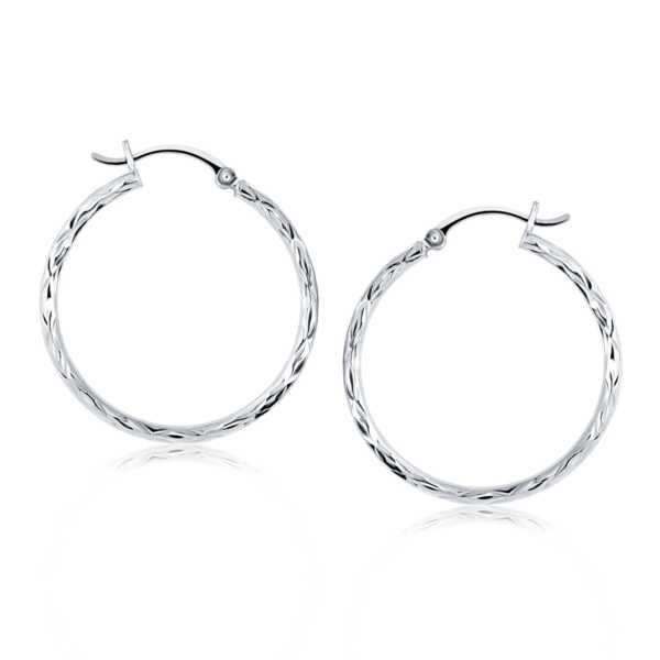 14k White Gold Diamond Cut Hoop Earrings(2x30mm)