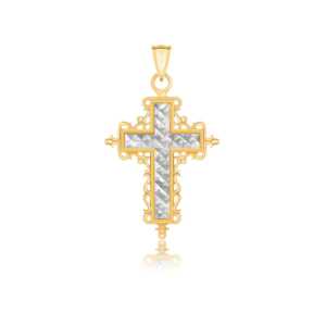 14k Two-Tone Gold Diamond Cut and Baroque Inspired Cross Pendant