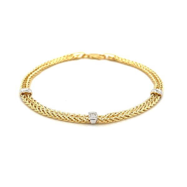 14k Two-Tone Gold Dual Wheat Chain Bracelet with Diamond Stations (3.75 mm) - Image 2