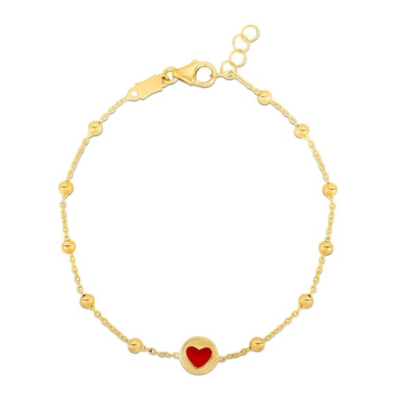 14k Yellow Gold Childrens Bracelet with Beads and Enameled Heart - Image 2