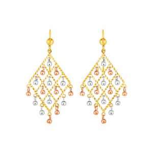 Textured Chandelier Earrings with Ball Drops in 14k Tri Color Gold