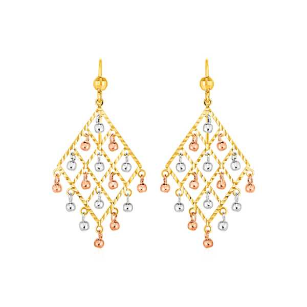 Textured Chandelier Earrings with Ball Drops in 14k Tri Color Gold
