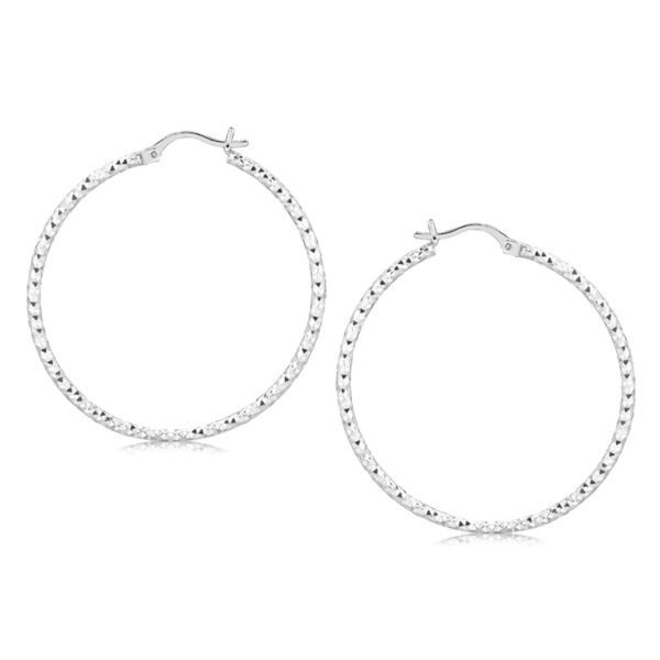 Sterling Silver Rhodium Plated Large Faceted Style Hoop Earrings(2x40mm)