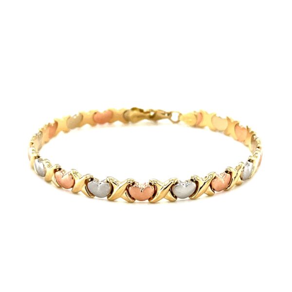 14k Tri-Color Gold Fancy Satin Heart Line Bracelet (6.35 mm) - Image 2