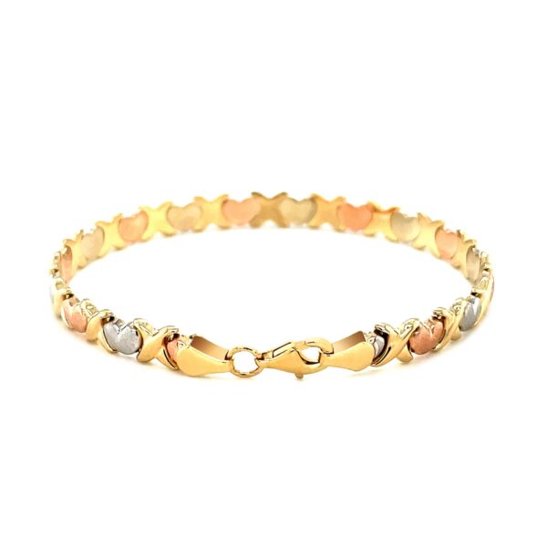 14k Tri-Color Gold Fancy Satin Heart Line Bracelet (6.35 mm) - Image 3