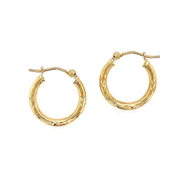 14k Yellow Gold Fancy Diamond Cut Slender Small Hoop Earrings (2x15mm) - Image 2