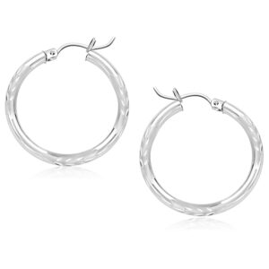 14k White Gold Diamond Cut Hoop Earrings (3x25mm)