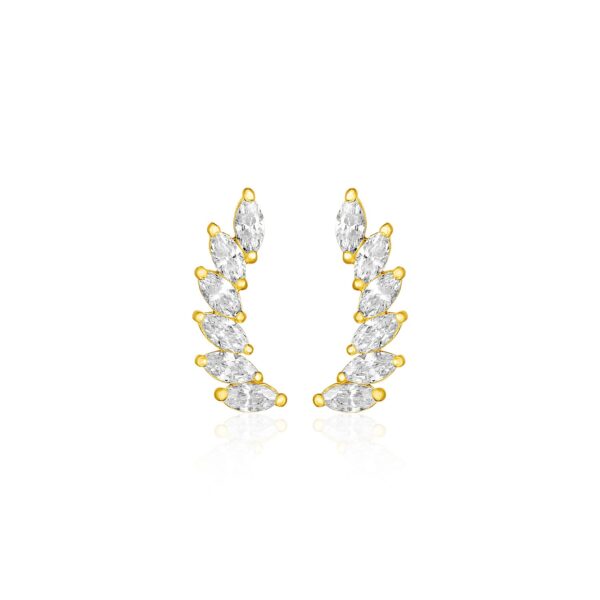 14k Yellow Gold Leaf Motif Climber Post Earrings with Marquise Cubic Zirconias