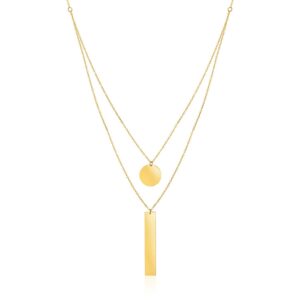 14k Yellow Gold 18 inch Two Strand Necklace with Circle and Bar Pendants