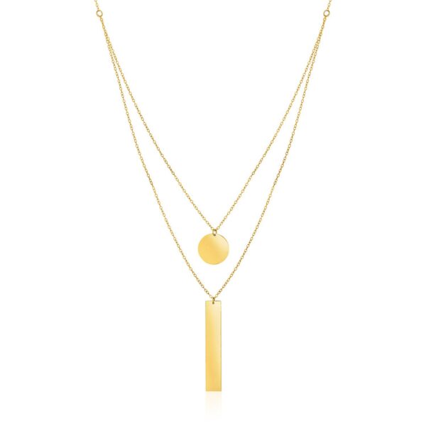 14k Yellow Gold 18 inch Two Strand Necklace with Circle and Bar Pendants