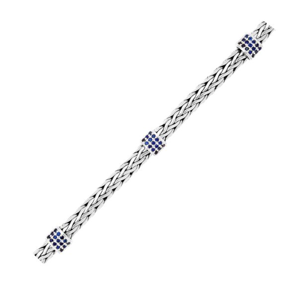 Sterling Silver Woven Bracelet with Blue Sapphire Stations (6.35 mm) - Image 2