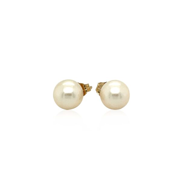14k Yellow Gold Freshwater Cultured White Pearl Stud Earrings (7mm) - Image 2