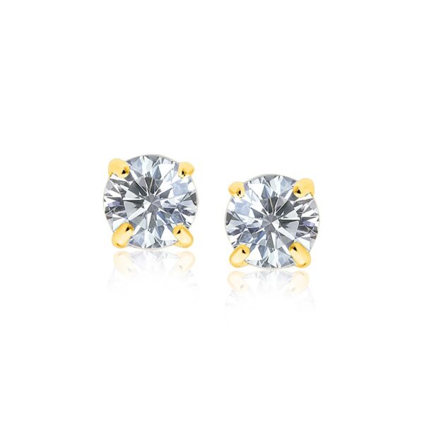 14k Yellow Gold Stud Earrings with White Hue Faceted Cubic Zirconia(7mm)