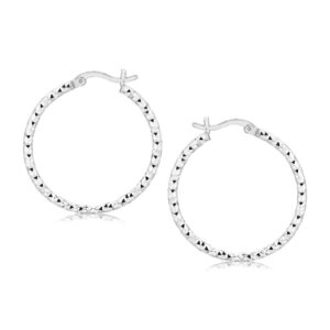 Sterling Silver Faceted Motif Hoop Earrings with Rhodium Plating(2x25mm)