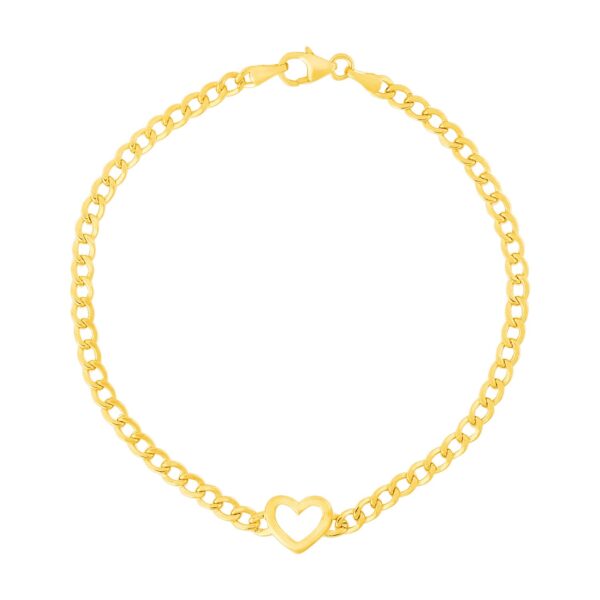 14k Yellow Gold 7 inch Curb Chain Bracelet with Heart (3.40 mm) - Image 2