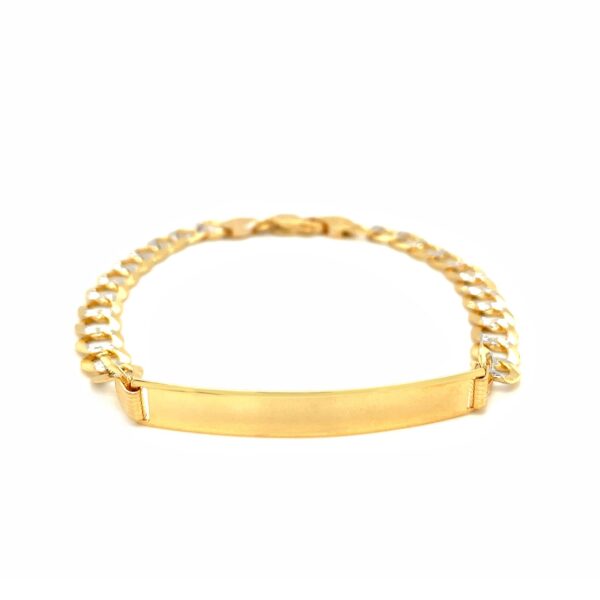 14k Two Tone Gold Mens Narrow Curb Chain ID Bracelet with White Pave (6.70 mm) - Image 2