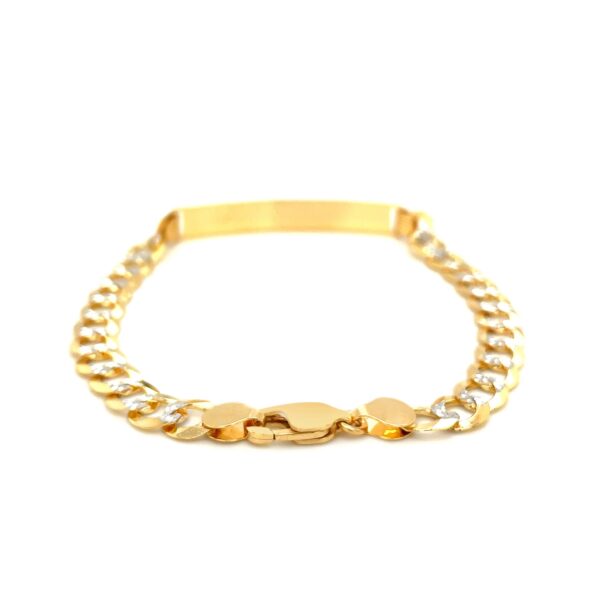 14k Two Tone Gold Mens Narrow Curb Chain ID Bracelet with White Pave (6.70 mm) - Image 3