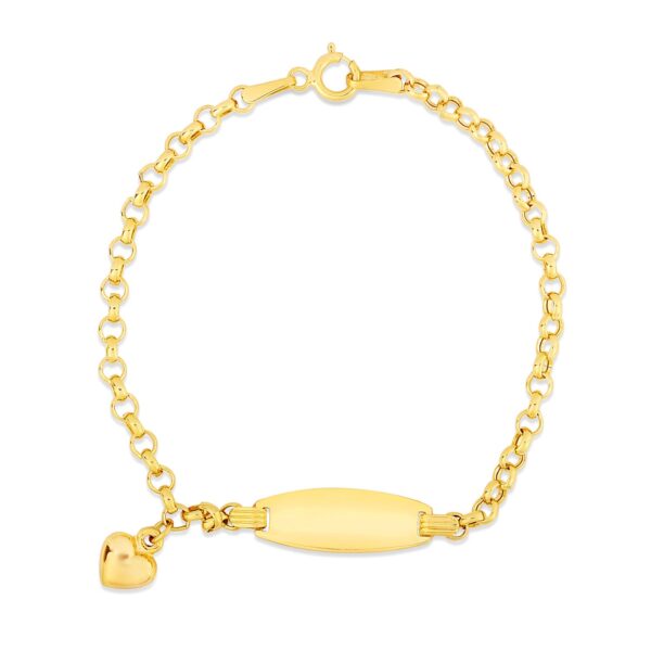 14k Yellow Gold Heart Accented Childrens Cable Chain ID Bracelet (6.35 mm) - Image 2