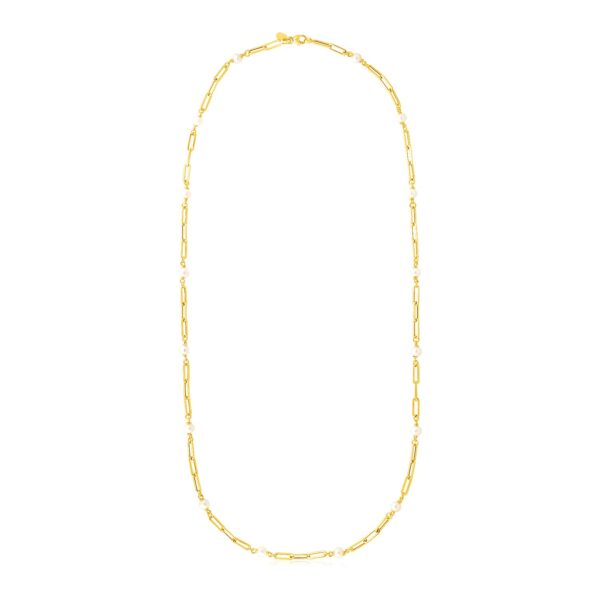 14k Yellow Gold Paperclip Chain and Pearl Necklace