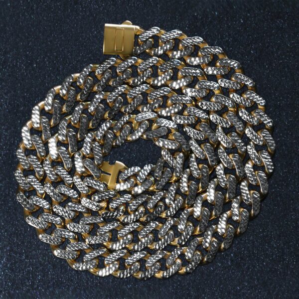 14k Two Tone Gold Miami Cuban Chain Necklace with White Pave - Image 3
