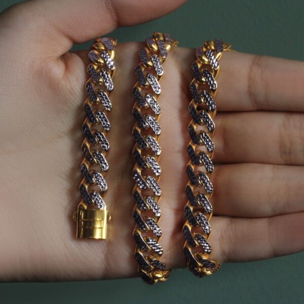 14k Two Tone Gold Miami Cuban Chain Necklace with White Pave - Image 5