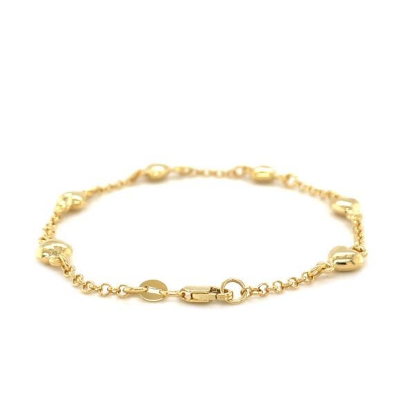 14k Yellow Gold Rolo Chain Bracelet with Puffed Heart Stations (3.30 mm) - Image 2
