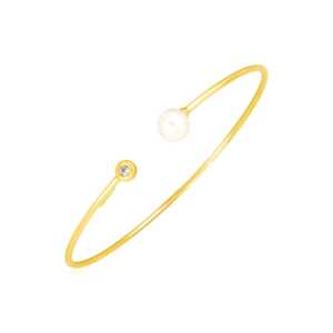 14k Yellow Gold Cuff Bangle with Pearl and Diamond (3.00 mm)