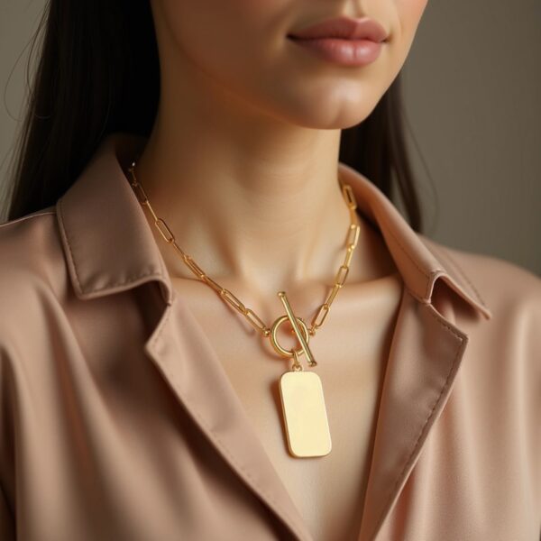 14k Yellow Gold Paperclip Chain Necklace with Rounded Rectangle Pendant - Image 6
