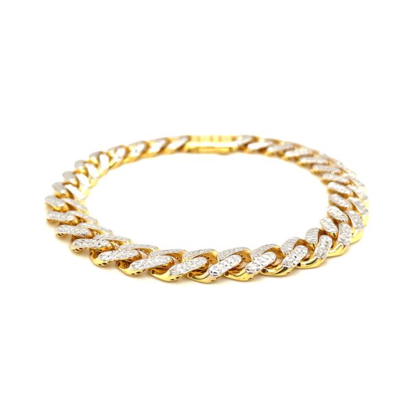 14k Two Tone Gold 8 1/4 inch Curb Chain Bracelet with White Pave (9.50 mm) - Image 5