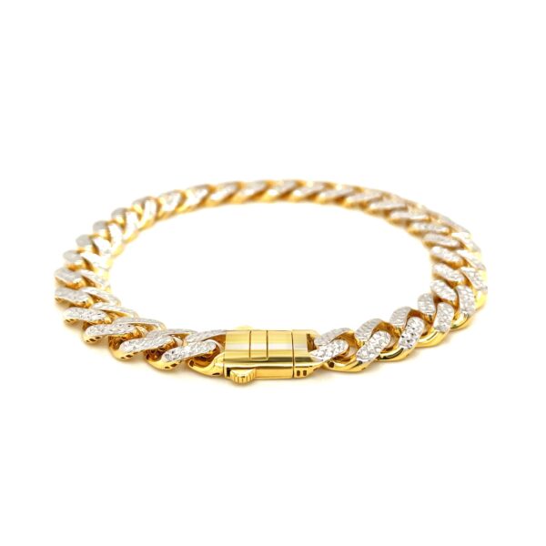 14k Two Tone Gold 8 1/4 inch Curb Chain Bracelet with White Pave (9.50 mm) - Image 6