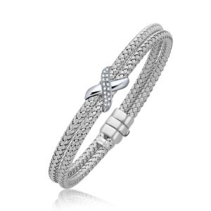 Diamond Accented X Station Weave Bangle in 14k White Gold (7.00 mm)