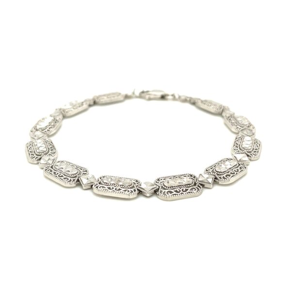 14k White Gold Antique Vintage Look Filigree Rectangular Link Bracelet (6.35 mm) - Image 2