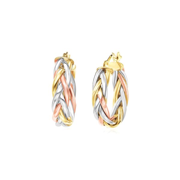 14k Tri Color Gold Three Toned Braided Hoop Earrings(5x15mm)