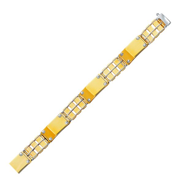 14k Two-Tone Gold Mens Bracelet with Screw Embellished Bar Links (11.00 mm)