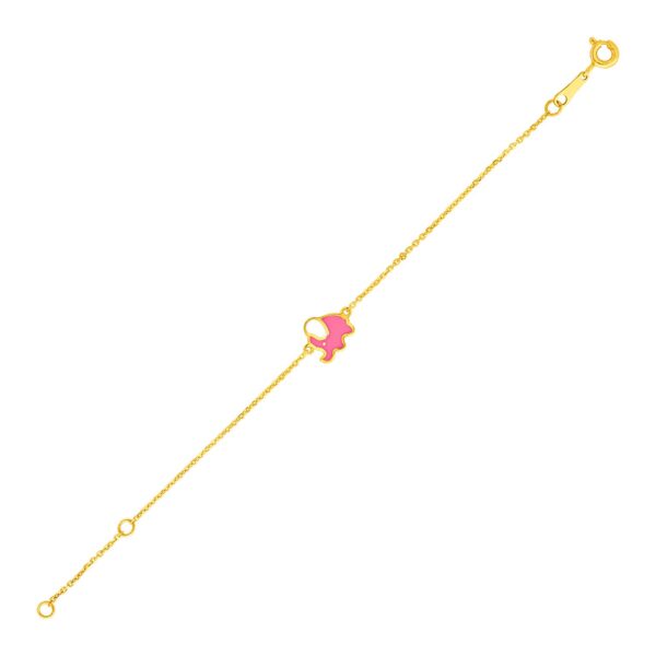 14k Yellow Gold 5 1/2 inch Childrens Bracelet with Enameled Elephant (1.00 mm)