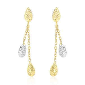14k Two-Tone Gold Double Row Chain Earrings with Diamond Cut Teardrops