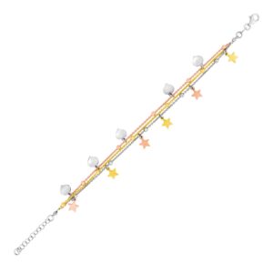 Sterling Silver 7 1/2 inch Three Toned Bracelet with Polished Hearts and Stars (1.20 mm)