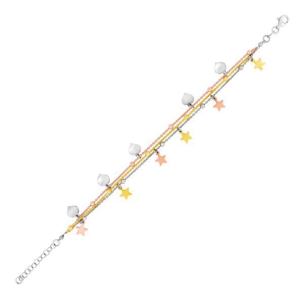 Sterling Silver 7 1/2 inch Three Toned Bracelet with Polished Hearts and Stars (1.20 mm)