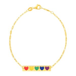 14k Yellow Gold 7 inch Bar Bracelet with Rainbow Enamel Hearts (1.60 mm)