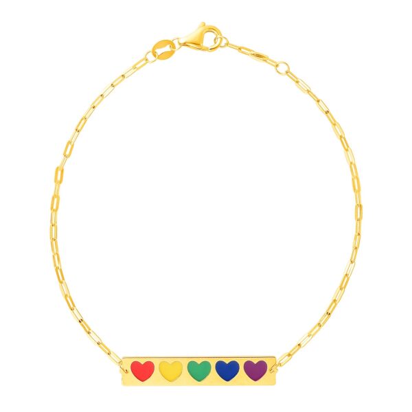 14k Yellow Gold 7 inch Bar Bracelet with Rainbow Enamel Hearts (1.60 mm)