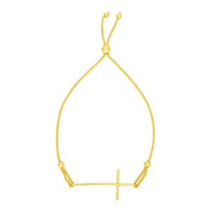 Adjustable Bracelet with Textured Cross in 14k Yellow Gold (1.00 mm)