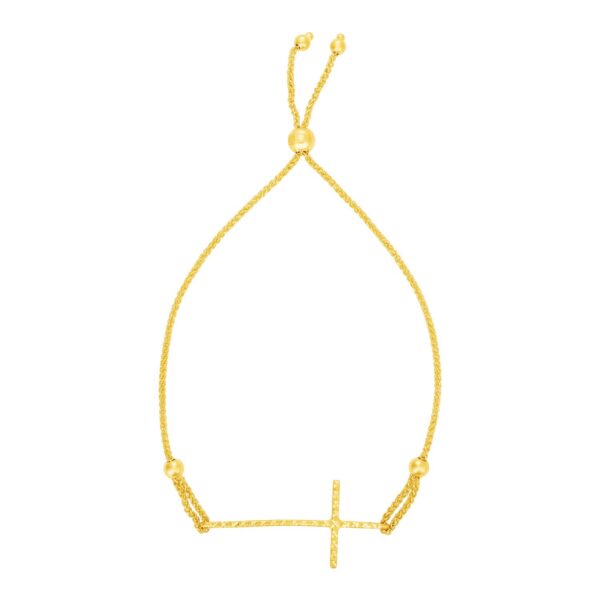 Adjustable Bracelet with Textured Cross in 14k Yellow Gold (1.00 mm)