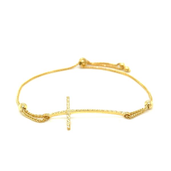 Adjustable Bracelet with Textured Cross in 14k Yellow Gold (1.00 mm) - Image 2