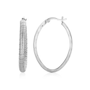 Sterling Silver Oval Textured Finish Oval Hoop Earrings(4x22mm)