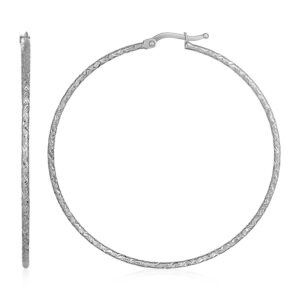 14k White Gold Large Textured Hoop Earrings (1.5x50mm)