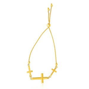 14k Yellow Gold Adjustable Bracelet with Three Crosses (1.00 mm)