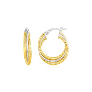 Three Part Textured and Shiny Hoop Earrings in 14k Yellow and White Gold(4x15mm)