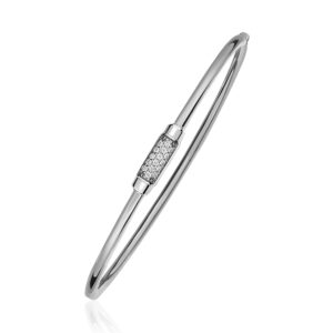 14k White and Diamond Domed Light Bangle Bracelet with Clasp  (3.00 mm)