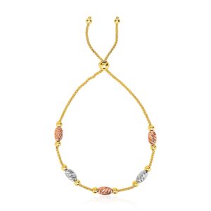 14k Tri-Gold Diamond Cut Oval Station Lariat Style Bracelet (1.00 mm)